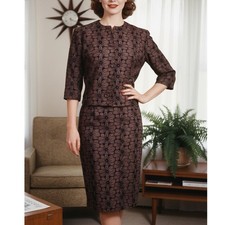 VTG 50s Union Label Floral Skirt Suit Set Brown Black MCM Wiggle Mad Max S 1950s