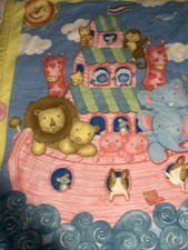 Noah  s Ark Yellow Satin Trim Baby Blanket Throw Nursery Animals 58x46 Dbl Sided