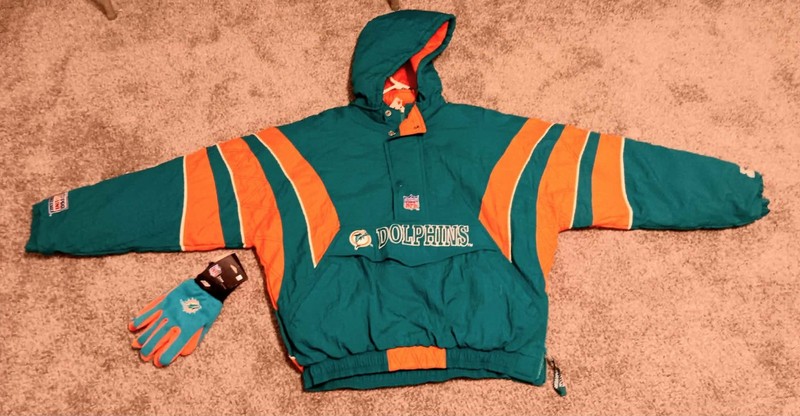VINTAGE STARTER 1990s MIAMI DOLPHINS 1/2 ZIPP WITH HOOD PULLOVER WINTER JACKET