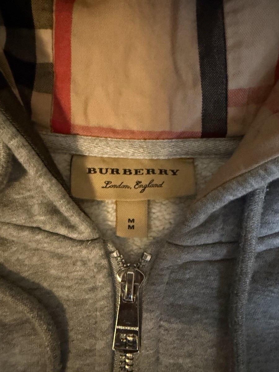 Burberry London Gray Full Zip Hoodie Men's M Plaid Hood Lining
