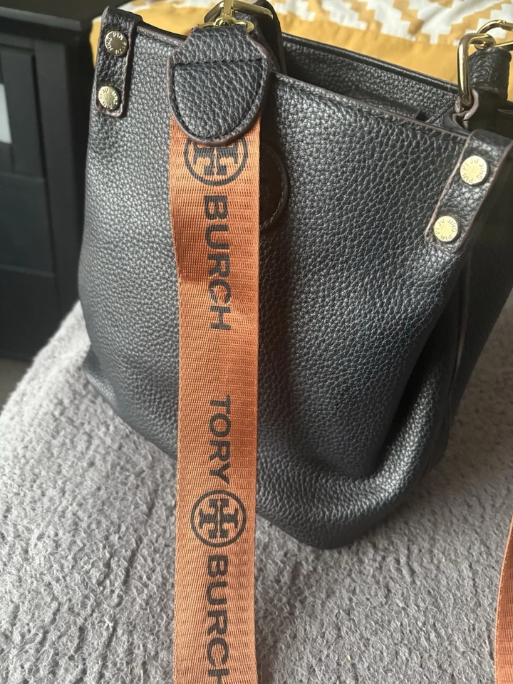 Tory Burch Black Pebbled Leather Crossbody Bag Logo Canvas Strap Gold Hardware - Image 2 of 4