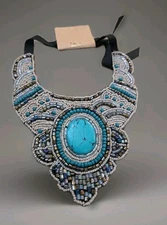 ZAD BEADED BIB CLEOPATRA STATEMENT NECKLACE OVAL FAUX TURQUOISE RIBBON