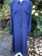 LilySilk XL Blue 100% Mulberry Silk Midi Shirt Dress Long Sleeve Cuff Holiday