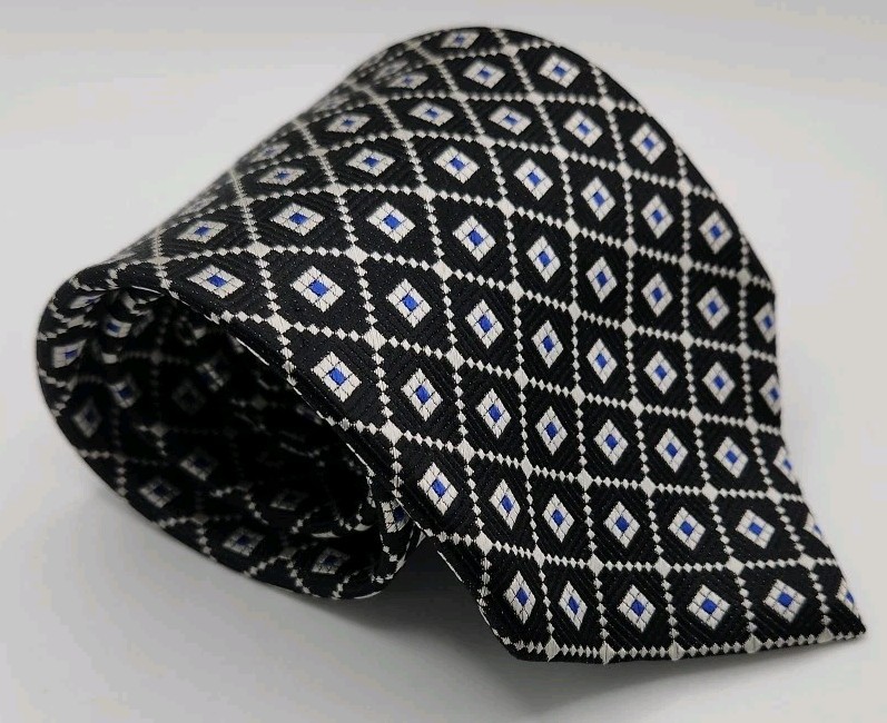 Biagiotti Uomo Black Tie with Silver and Blue Pure Silk Hand Made Italy 60
