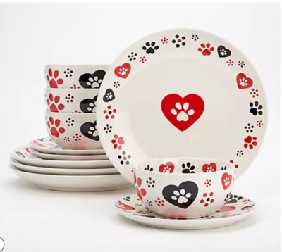 Pawfetti Temptations 12 Pcs. Dinnerware Set PAWFETTI Paw Print Dinner Salad ...