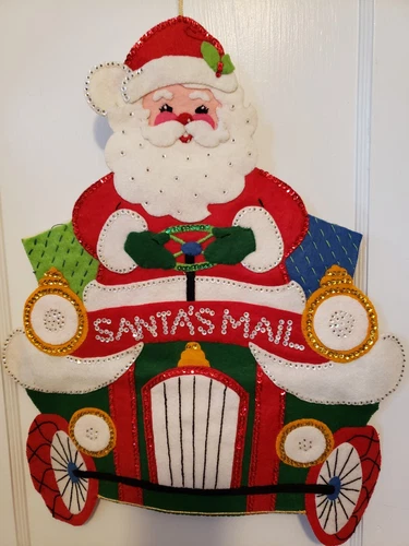 Vintage Bucilla Completed Felt Wall Hanging Mail Car Postman Santa Clause
