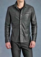 Handmade Real Lambskin Stylish BLACK Casual Biker Motorcycle Men's Leather Shirt