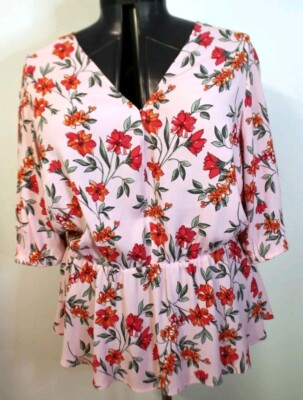 New City Chic Pink Floral Peplum Blouse Plus Size (S) 16 Spring Top  3/4 Sleeve 