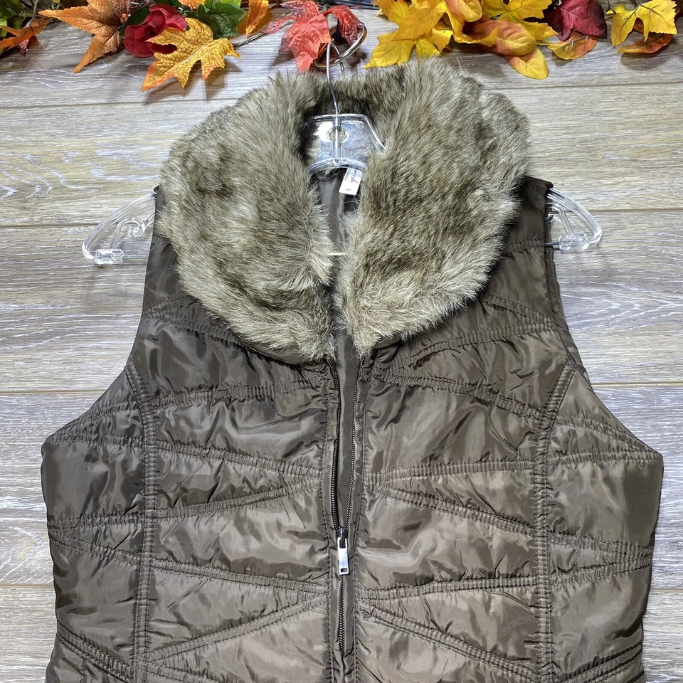 Exertek Faux Fur Vest Size Small Fur Trim Full Zip Brown Soft Shell Pockets - Image 4 of 4
