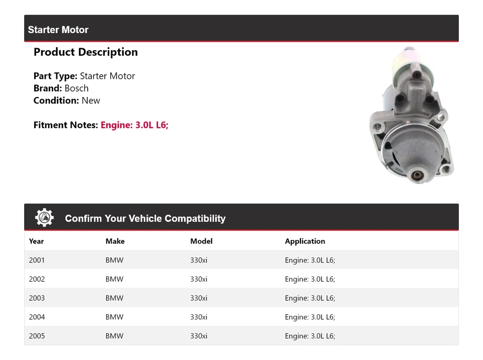 适用于 2001 - 2005 年宝马 330xi 3.0L L6 博世入门器(全新)2002 2003 2004 — 第 2/4 张图片