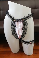  A6 2XL/ElasticW.24-44" Handmade Pink Satin Thong Bikini Panties  Leg bands