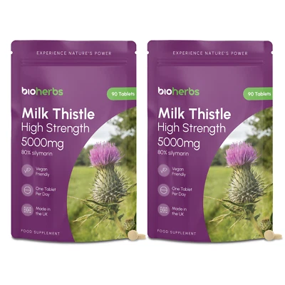 BIOHERBS Milk Thistle 5000mg High Strength | 80% Silymarin | 90 Vegan Tablets (Pack of 2)