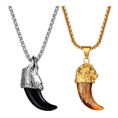 Stainless Steel Tribal Wolf Teeth Lion Head Pendant Animal Necklace for Men  Boys