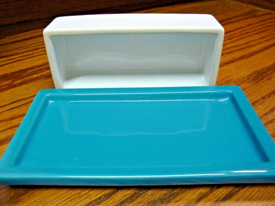 Mainstays White & Teal Covered Butter Dish Ceramic 7x3.75x2.25" Tabletop     W21 - Image 3 of 4