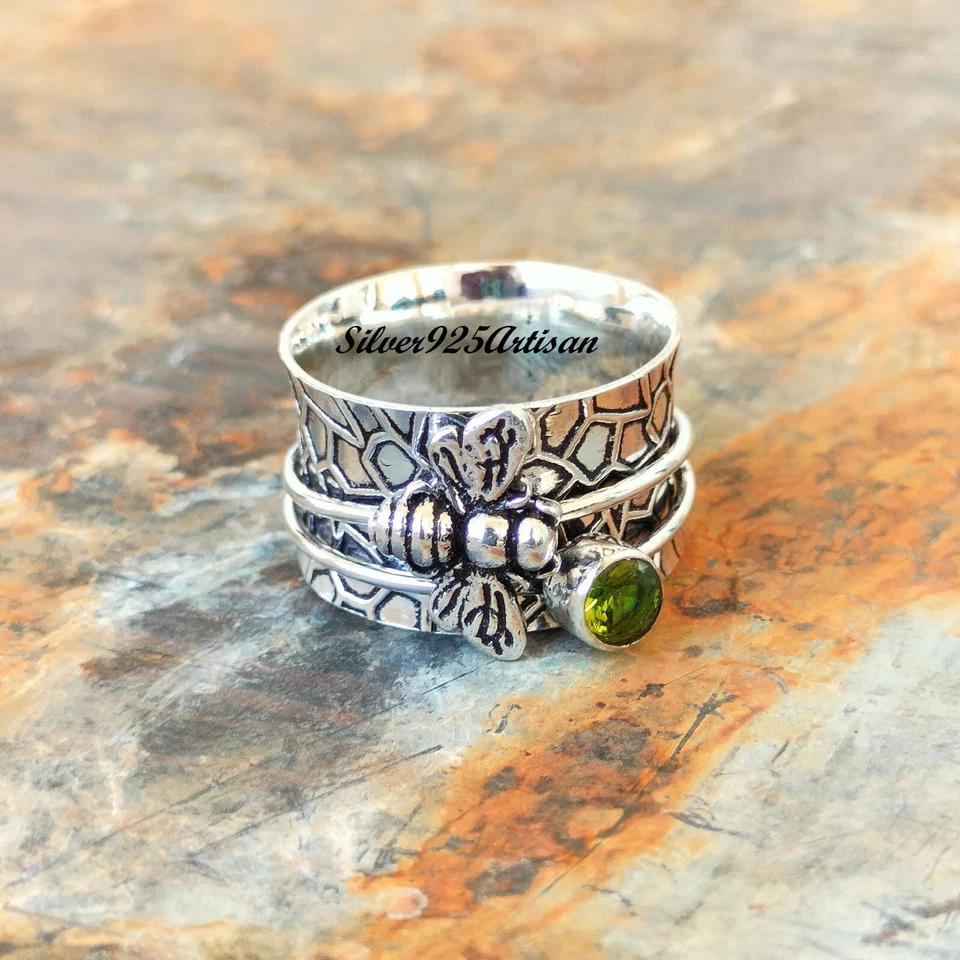 Anillo hecho a mano inquieto de plata esterlina 925 giratorio abeja miel peridoto para mujer SP266 Foto 2 de 4
