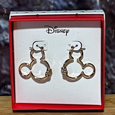 Disney Mickey Mouse Head Gold Tone w/Crystal Large Hoop Earrings NIB