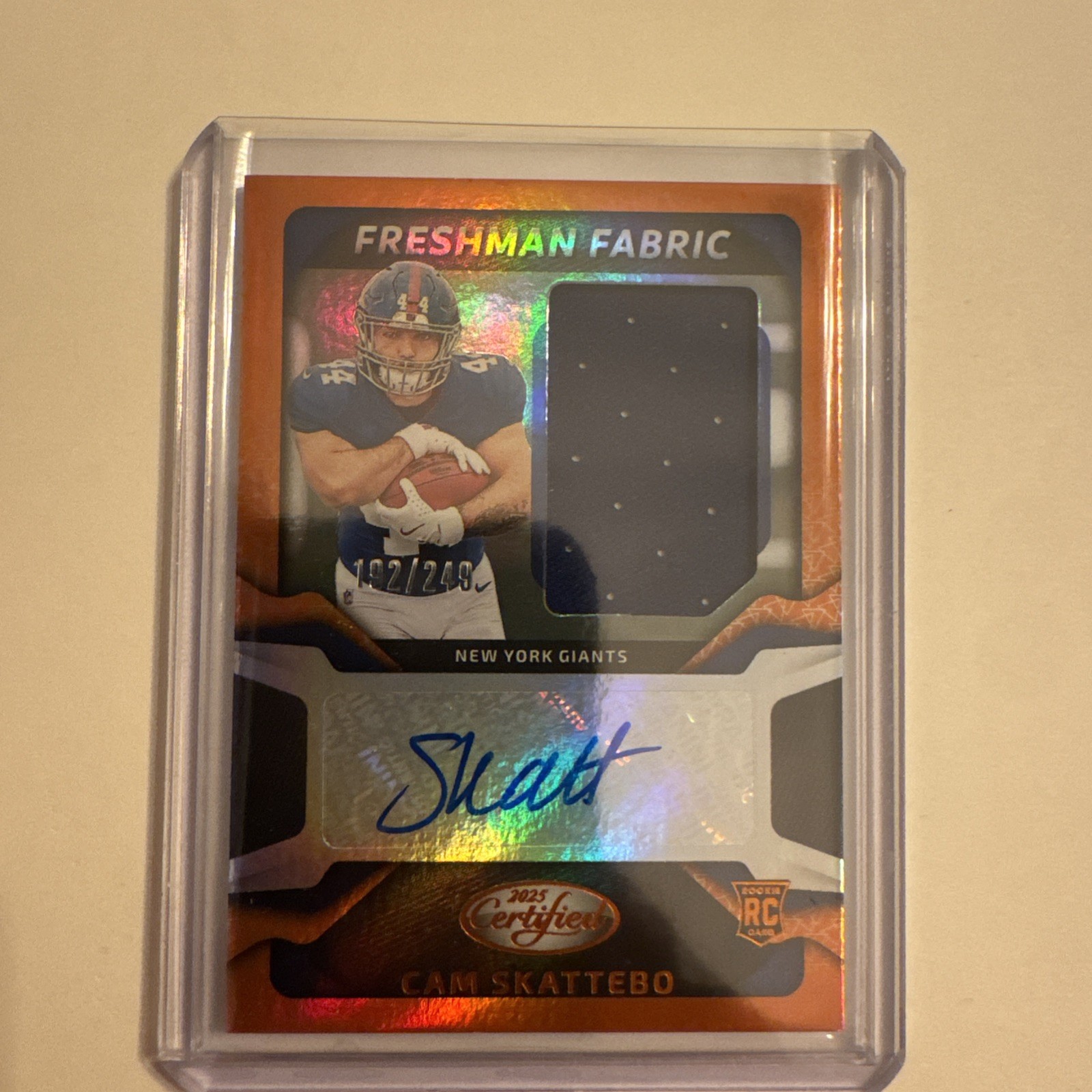 2025 Panini Certified Cam Skattebo Freshman Fabric Mirror Auto Orange /249
