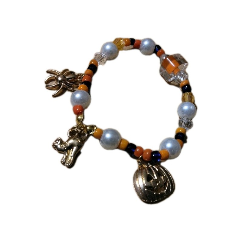 Handmade Elastic Bracelet-6 in.-Glass and Plastic Beads-3 Halloween Charms.