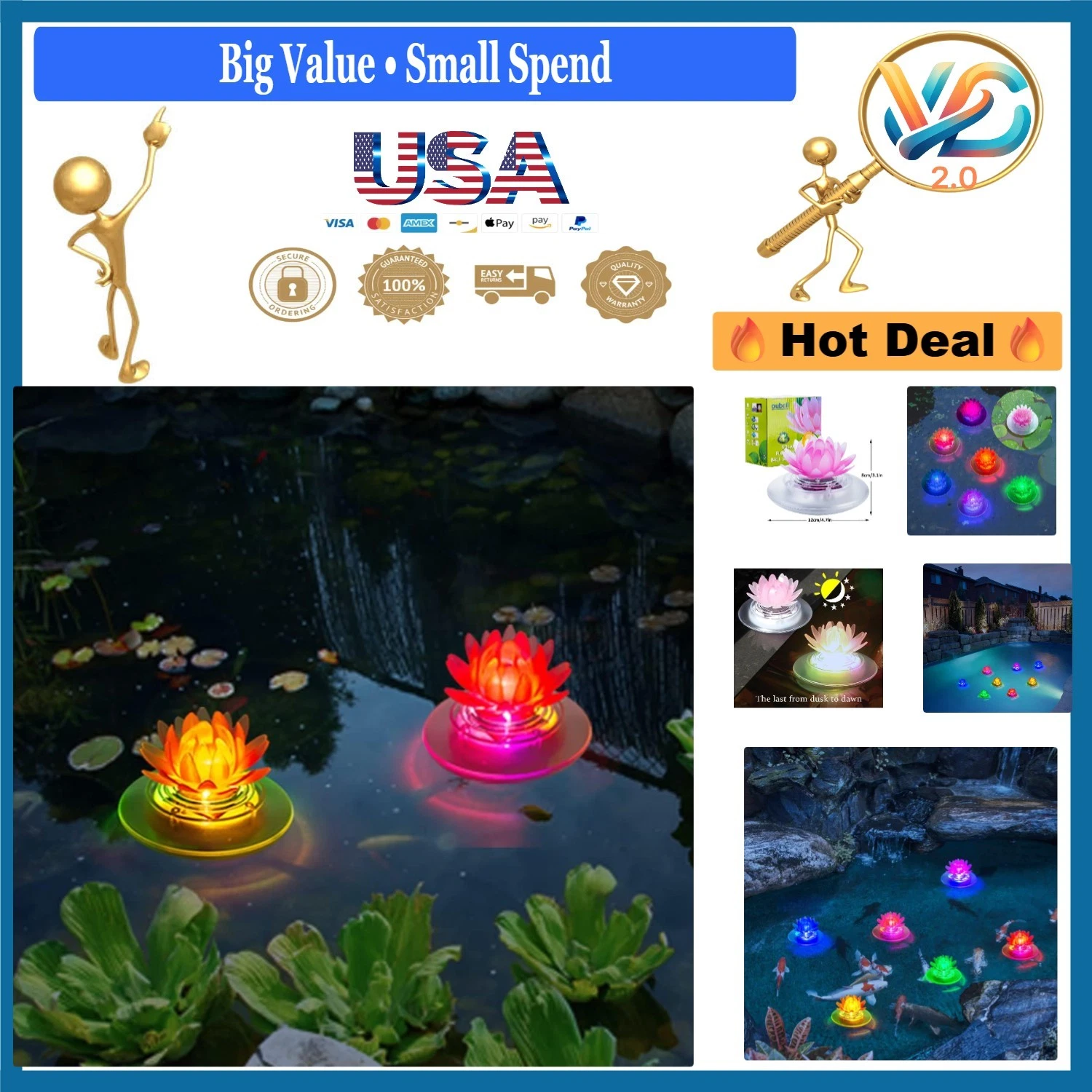 2Pcs Solar Pond Lights Waterproof RGB Floating LED Lotus Decor for Pool