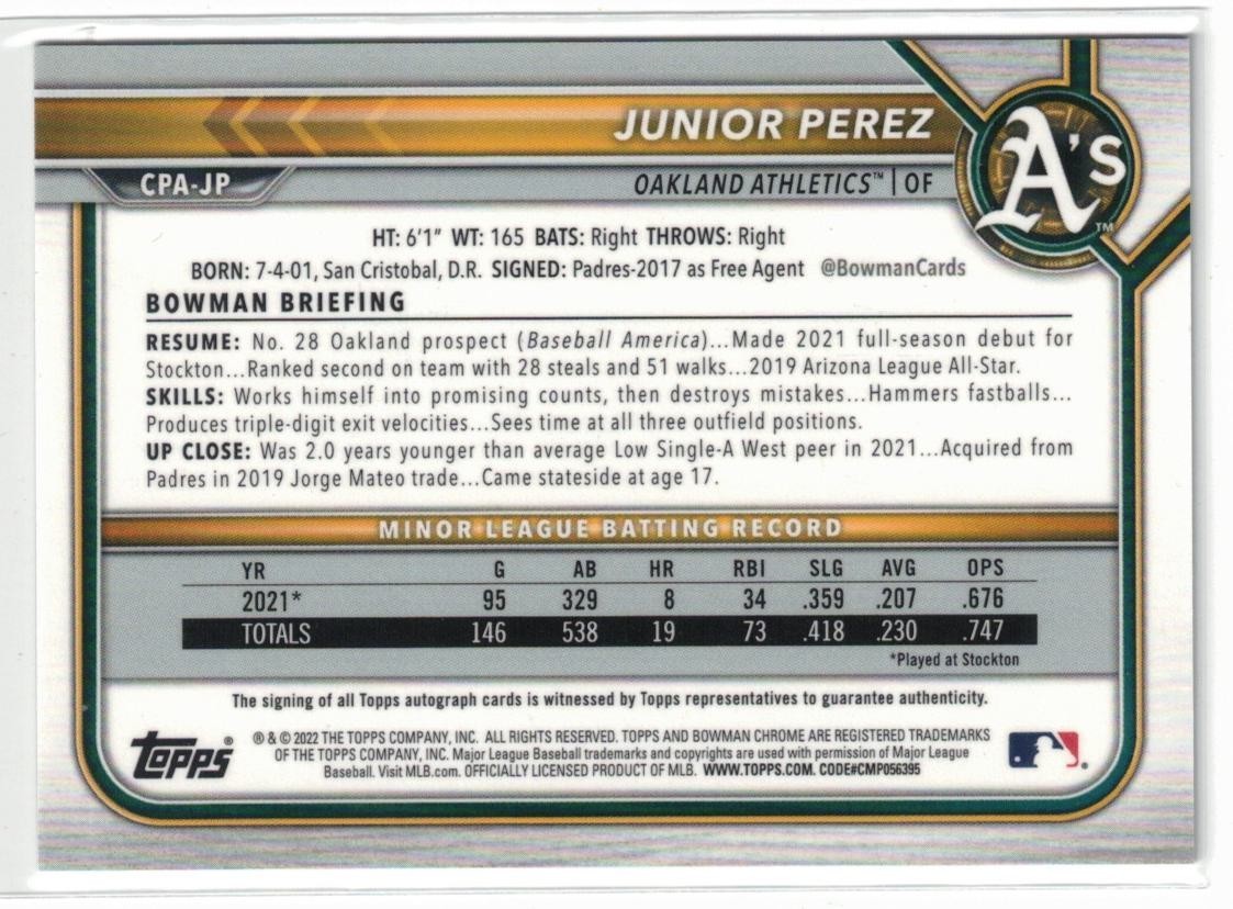2022 1st Bowman Chrome RC AUTO Junior Perez #CPA-JP! White Sox! Rookie Autograph view 2