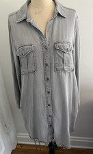 Philosophy Button Up Shirt Dress Tunic Gray Pockets Roll-Tab Sleeves Size M-L
