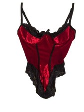 Vtg Frederick's of Hollywood M Corset Teddy Thong Red Velvet Black Lace Medium