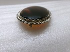 Vintage LISA Signed Pendant Brooch Tigers Eye Glass Stone Big Oval Gold Tone — photo 9