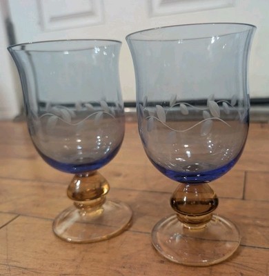 Pfaltzgraff NAPOLI Blue & Orange Etched ICE TEA Glass GOBLETS 16 OZ Set Of 2 