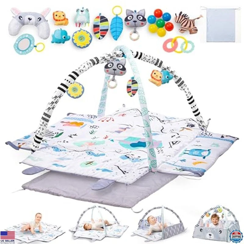 Deluxe Baby Play Mat & Tummy Time Gym for Infants, Washable, 43.7x39.8x20.5