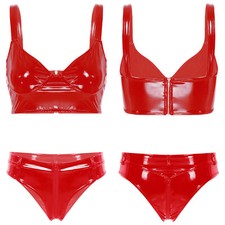 Womes Wet Look Patent Leather Lingerie Set Underwire Push Up Bra Tops with Panty