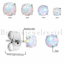 2PCS Stainless Steel Round White Fire Opal Stud Earrings For Women 3/4/5/6MM