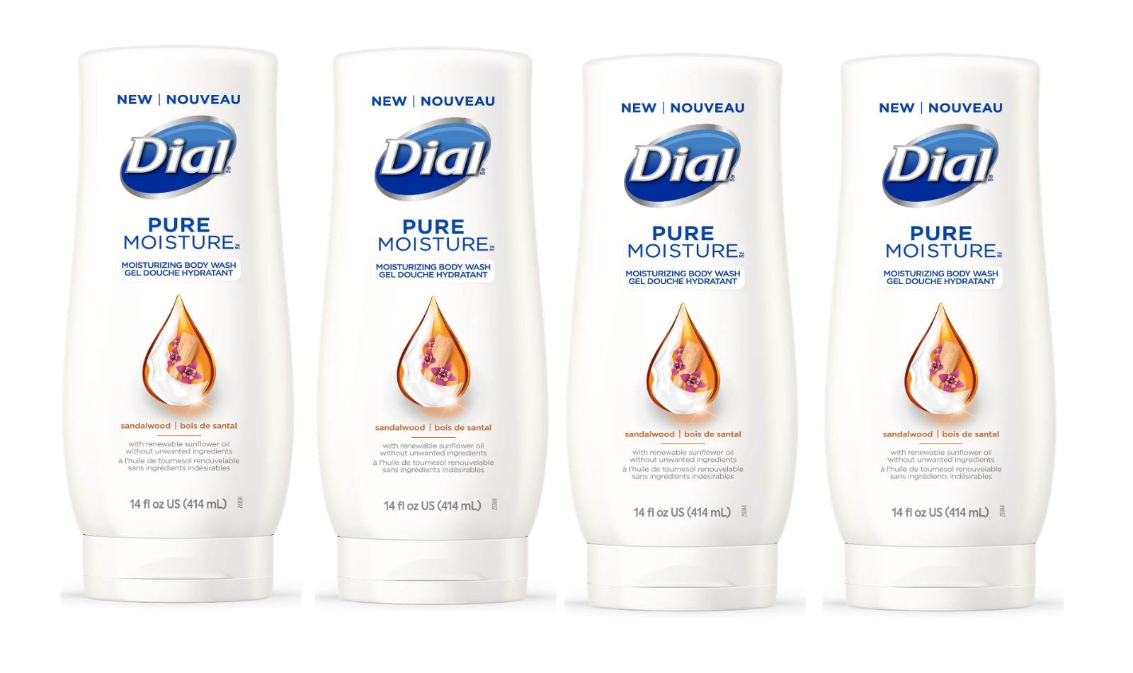 4 PACK Dial Pure Moisture Body Wash, Sandalwood, 14 Ounce
