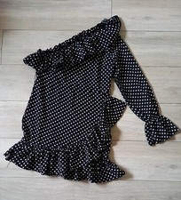 Nasty Gal Black & White Spot Polka Dot One Shoulder Short Dress Frilled UK10