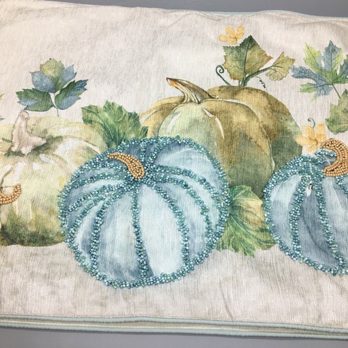 Nicole Miller Beaded Pumpkin Gourd Table Runner Blue Green Fall Decor 16x72 NEW - Picture 6 of 10