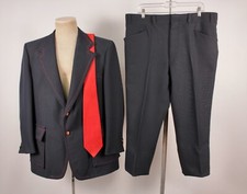 Mens VTG 70s 2 PC Navy Blue  Red Leisure Suit W Tie Sz L 1970s Polyester