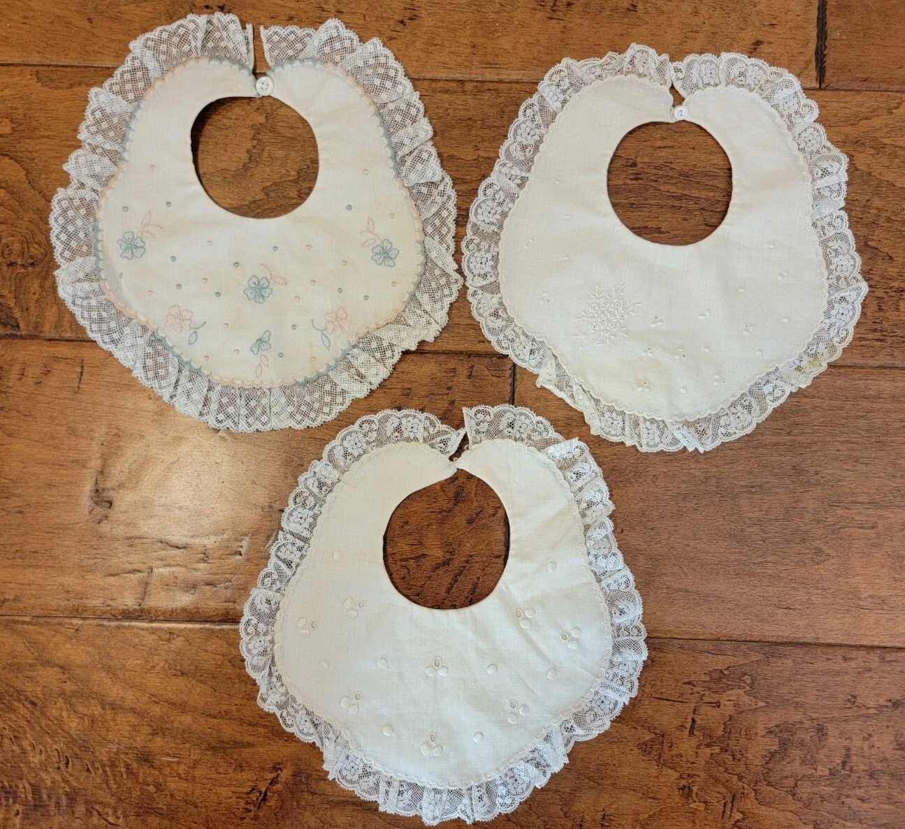 3 Antique Victorian Like Embroidered Infants Baby Bib Cotton Double Bibs Lace