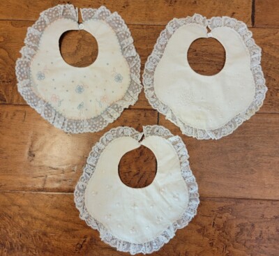 3 Antique Victorian Like Embroidered Infants Baby Bib Cotton Double Bibs Lace