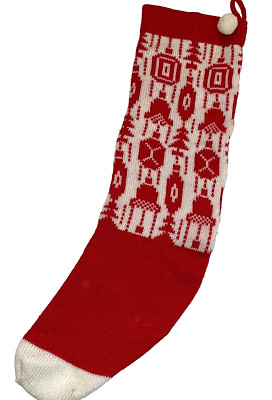 Vtg Christmas Stocking Knit Pom Poms Retro Granny Core Ornament Design 19.75''