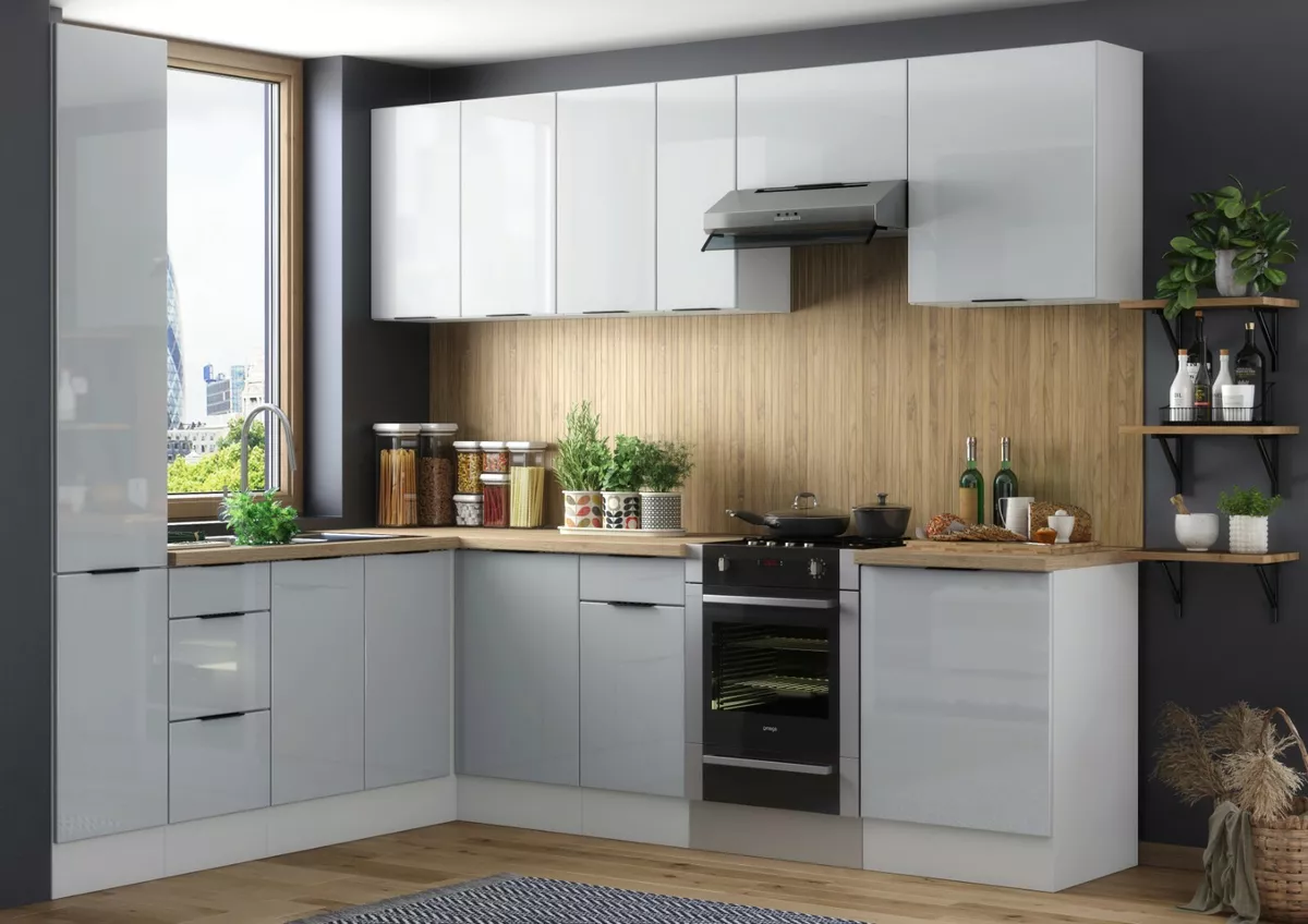 Corner Kitchen Cabinets Set L R 11 Unit Slim Tall Larder Light Grey Gloss Star