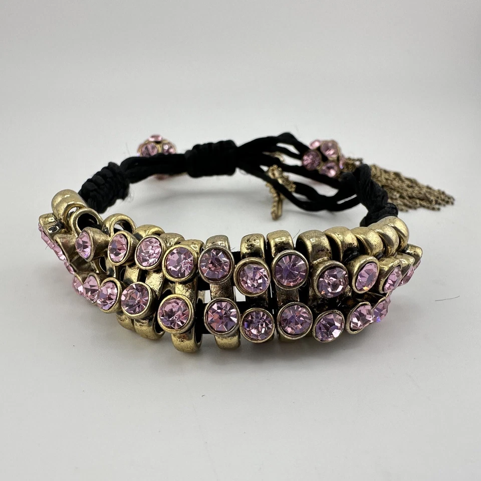Pulsera Betsey Johnson Cordón Negro Bolo Cordón Tono Dorado Cristal Rosa Cuentas Foto 4 de 4