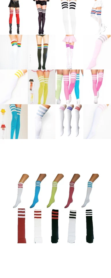 SPORTS ATHLETIC CHEERLEADER THIGH & KNEE HIGH SOCKS 3 STRIPES TUBE OVER KNEE - Image 4 of 4