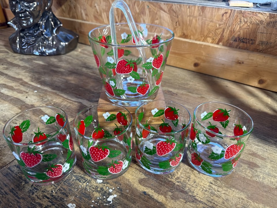 Culver LTD's strawberry ice bucket serving set is peak MCM kitsch-glam — bold, graphic, instantly recognizable to vintage glassware fans, and actually useful for entertaining.