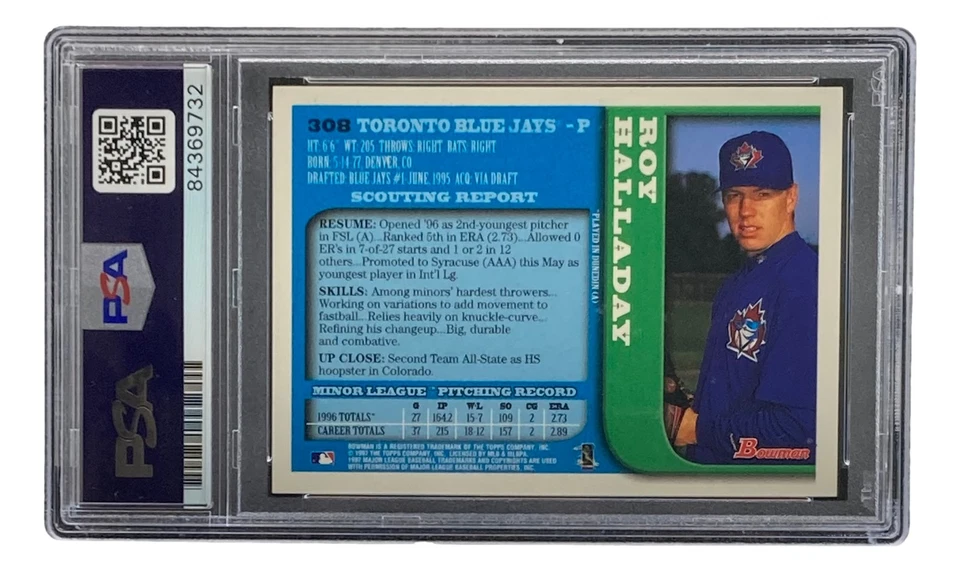 Roy Halladay Signed Toronto Blue Jays 1997 Bowman #308 Rookie Card PSA/DNA - Image 2 of 4