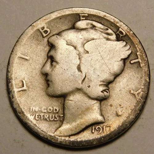 1917 D Mercury Dime 90% Silver G - VG   "Actual Coin Pictured - Not Cleaned"
