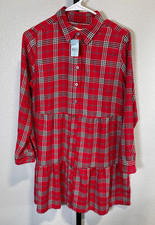 NWT Loft Red Plaid Tiered Long Sleeve Button Up Dress Sz M Petite