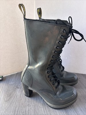 Dr Martens Dee 14 Eye Gray Patent Leather Heeled Lace-up Boots Womens 6 Diva
