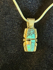 Turquoise Inlay Sterling Silver Navajo Signed Pendant with 16 Snake Chain