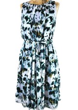 M&S Green Abstract Print Belted Midi Dress UK12 Floaty Summer Chiffon Fairycore