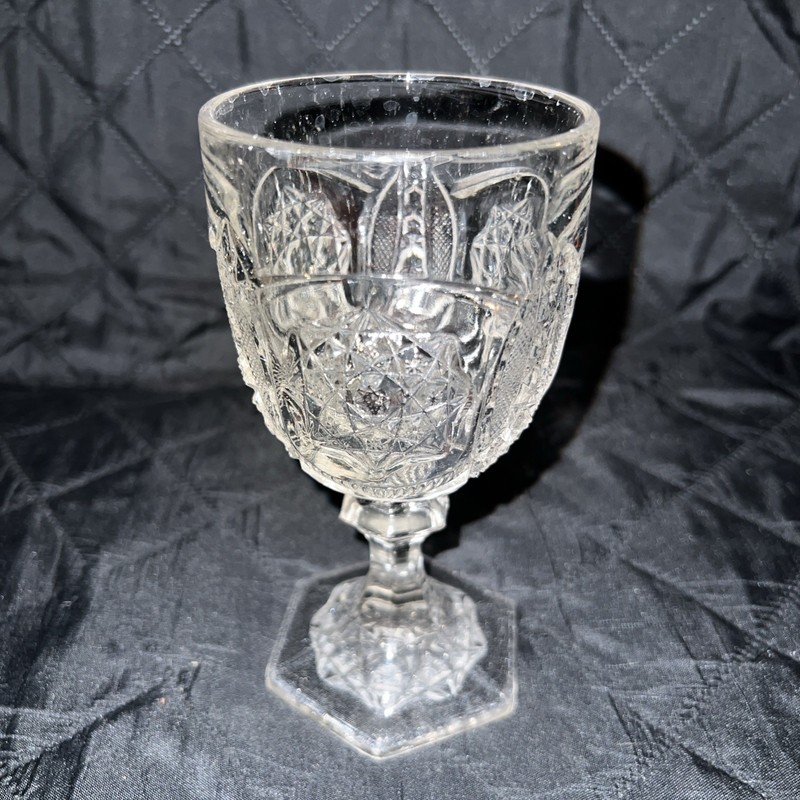 Antique EAPG Indiana Togo Bismarc Star Twin Feathers Clear Glass Water Goblet