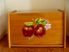 VTG OAK Bread Box Hand Painted Apples Farmhou...